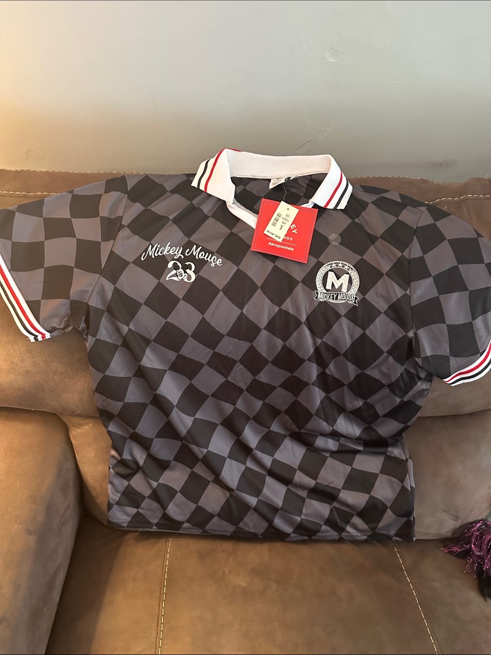 Aeropostale Mickey Mouse Black & Gray Checkered Polo